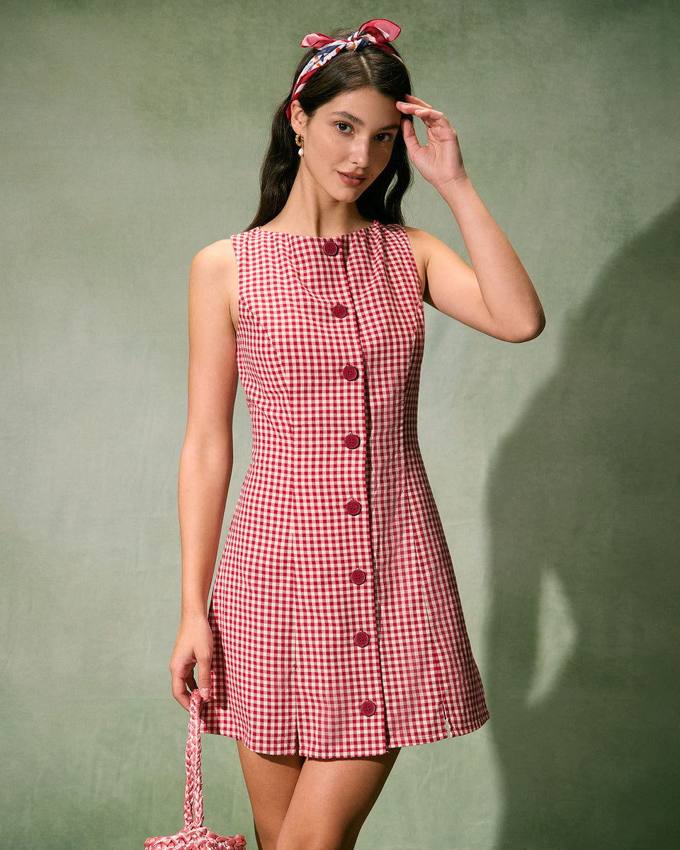The Red Boat Neck Plaid Mini Dress & Reviews - Red - Dresses | RIHOAS The Red Boat Neck Plaid Mini Dress & Reviews - Red - Dresses | RIHOAS