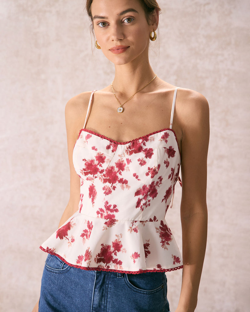 The Red Floral Ruffle Cami Top Red Tops - RIHOAS