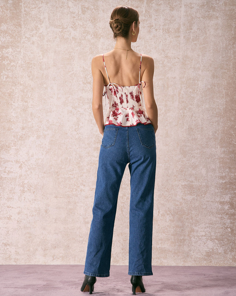 The Red Floral Ruffle Cami Top Tops - RIHOAS