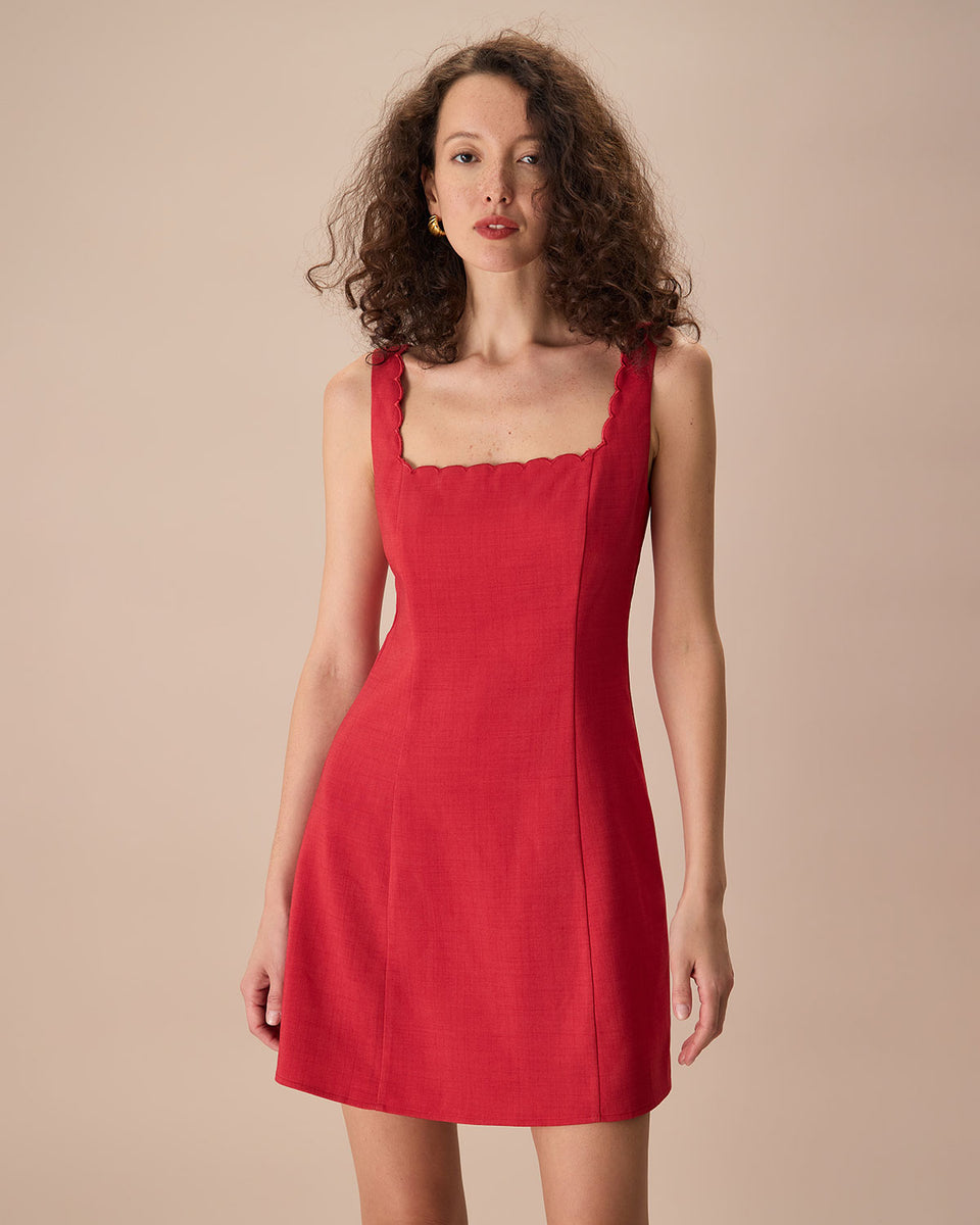 Red scalloped dress sales