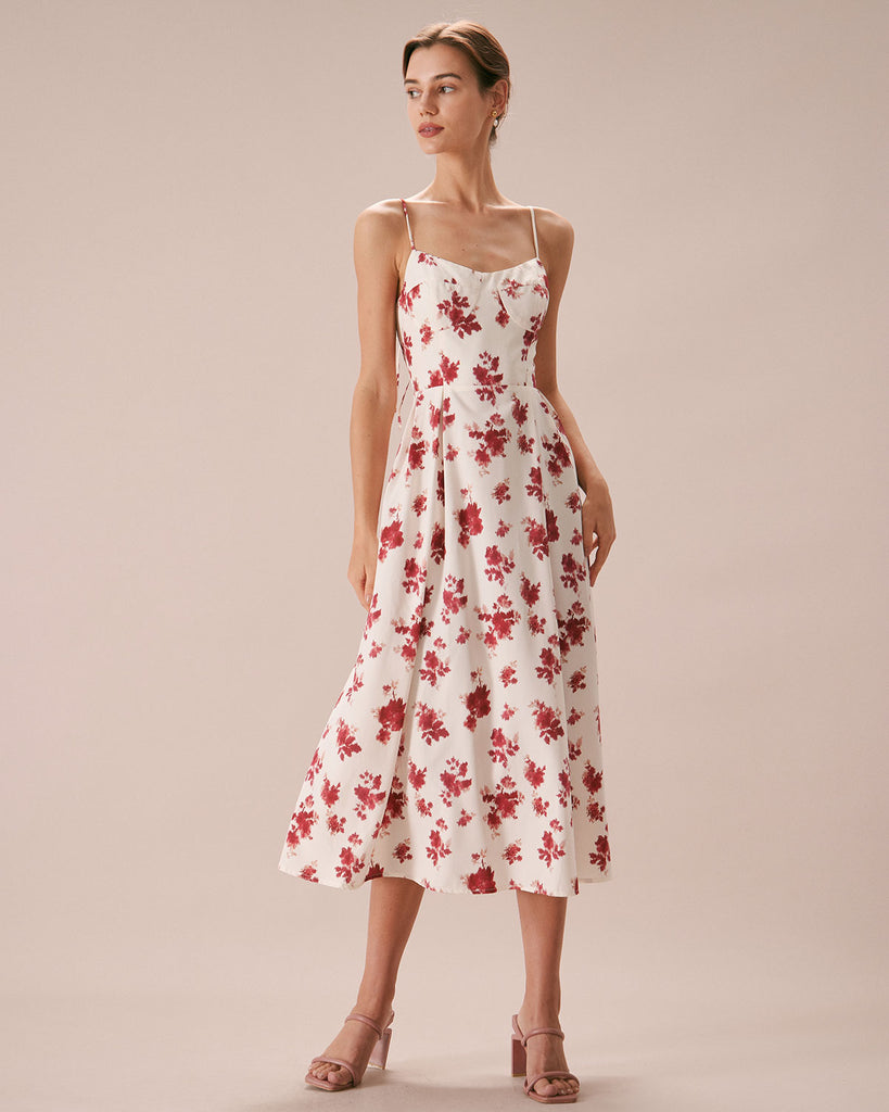 The Red Sweetheart Neck Floral Midi Dress Red Dresses - RIHOAS