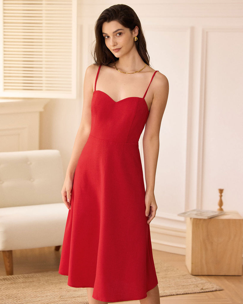 The Red Sweetheart Neck Slip Midi Dress Red Dresses - RIHOAS