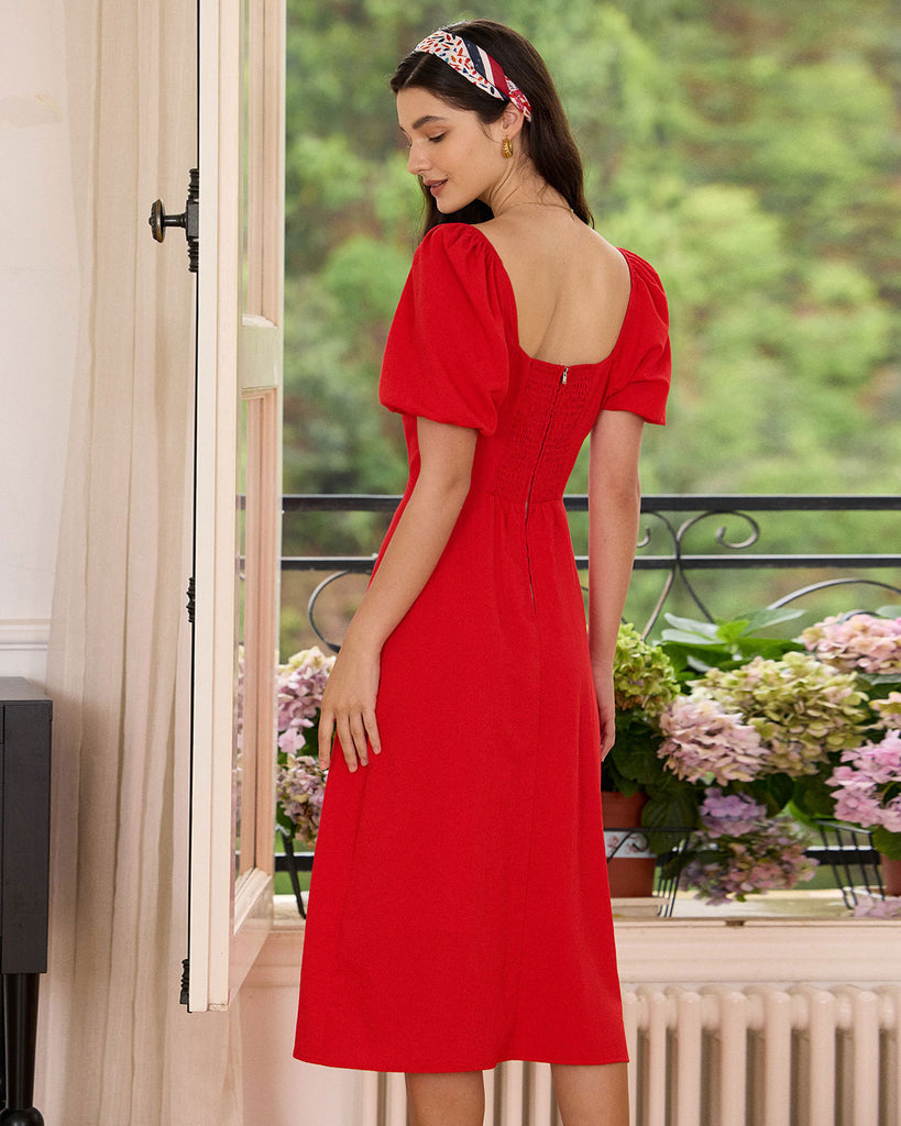 The Red Sweetheart Neck Slit Midi Dress Dresses - RIHOAS