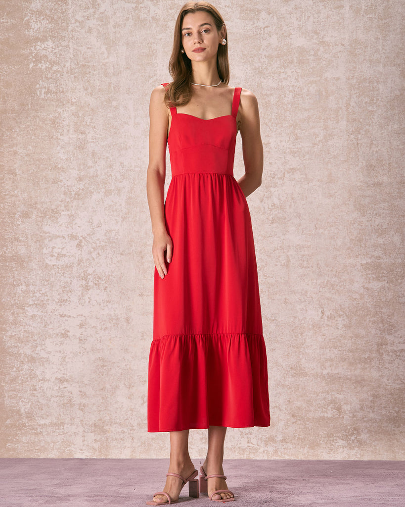The Red Sweetheart Neck Solid Maxi Dress Dresses - RIHOAS