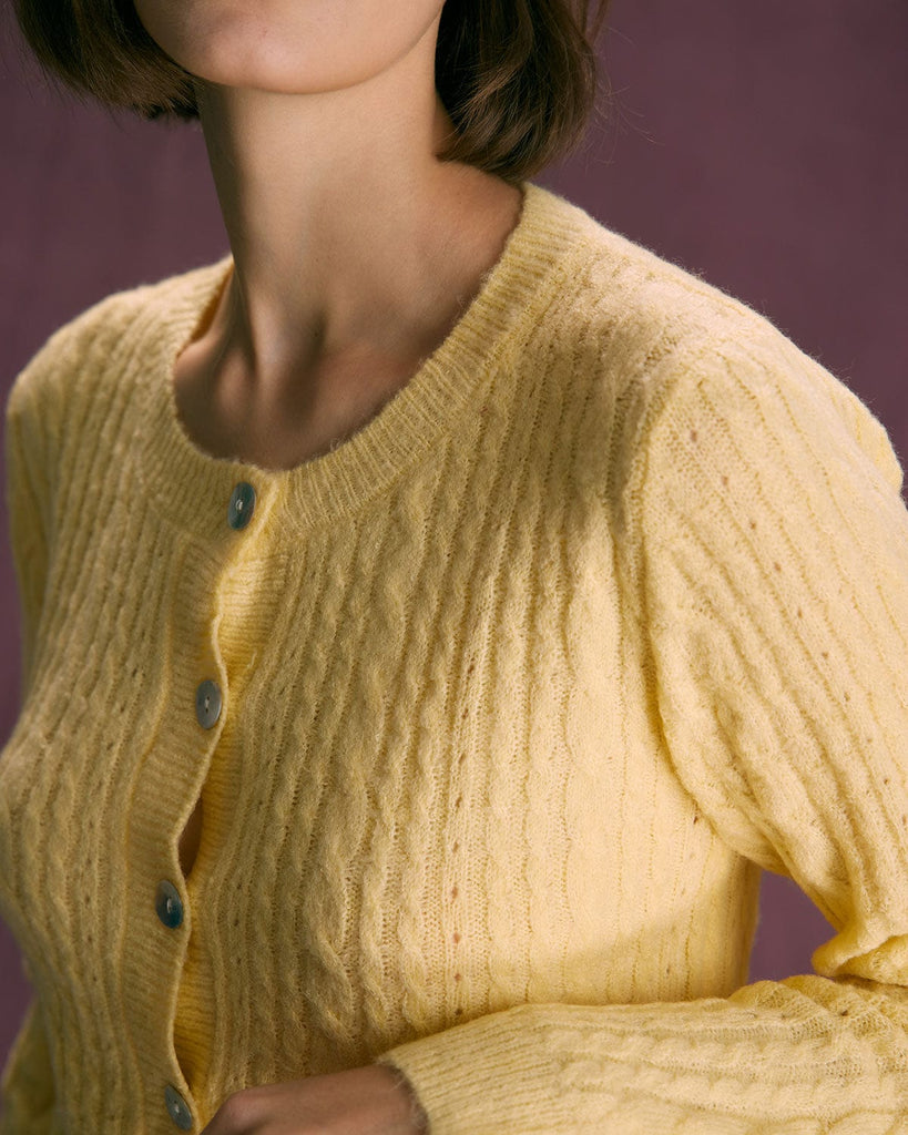 The Round Neck Cable Pointelle Cardigan Tops - RIHOAS