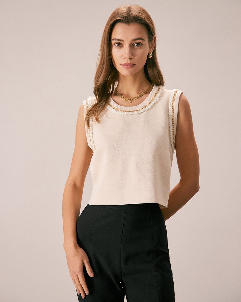 The Round Neck Chain Knit Tank Top Apricot Tops - RIHOAS