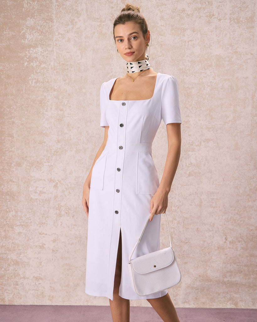 The Square Neck Buttoned Midi Dress White Dresses - RIHOAS