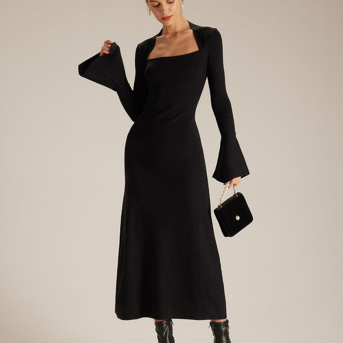 black long sleeve dress fit and flare Karen Kane 3/4 & in Medium This Akris punto mixed media day dress All in Favor Long Sleeve