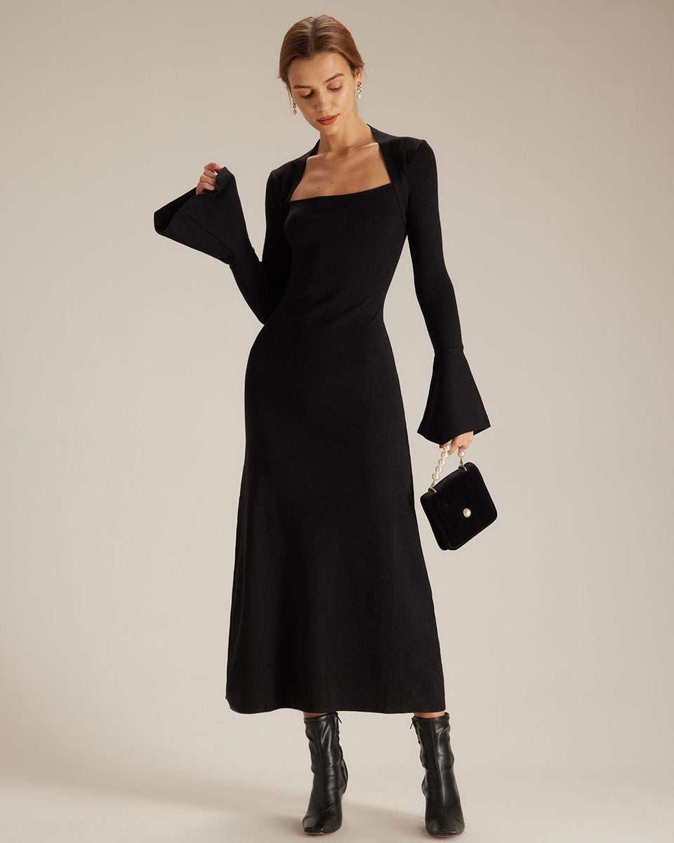 The Black Square Neck Flare Sleeve Midi Dress & Reviews - Black - Dresses | RIHOAS The Black Square Neck Flare Sleeve Midi Dress & Reviews - Black - Dresses | RIHOAS