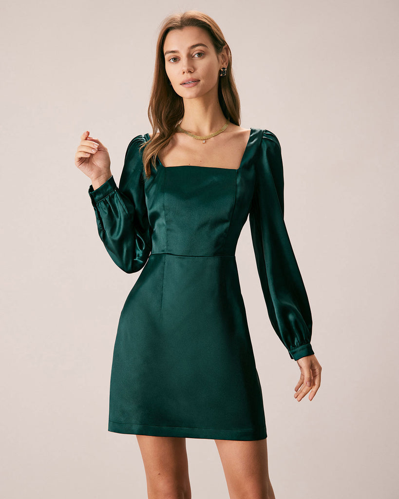 The Square Neck Puff Sleeve Satin Dress Green Dresses - RIHOAS