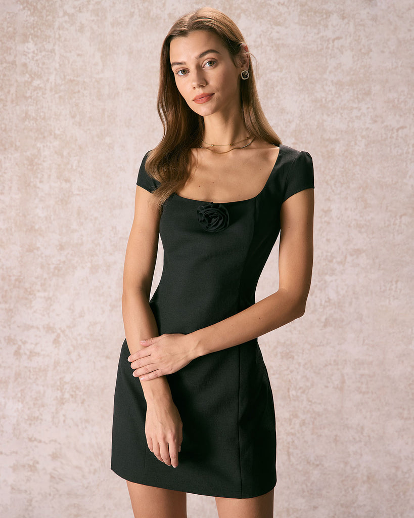 The Square Neck Rosette Mini Dress Black Dresses - RIHOAS