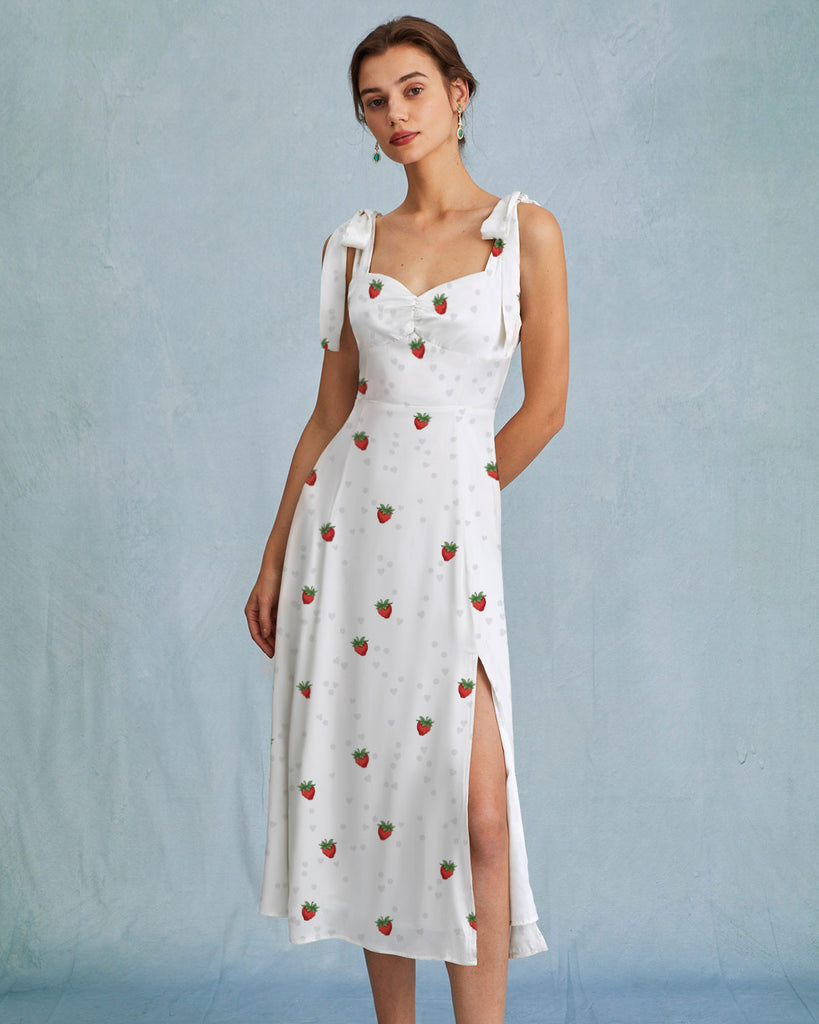The Strawberry Tie Strap Slit Midi Dress White Dresses - RIHOAS