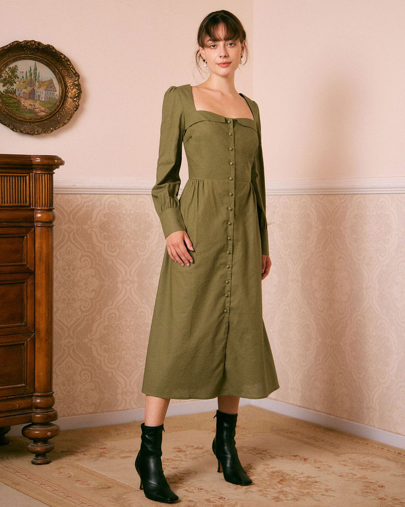 The Sweetheart Neck Button Midi Dress Dresses - RIHOAS