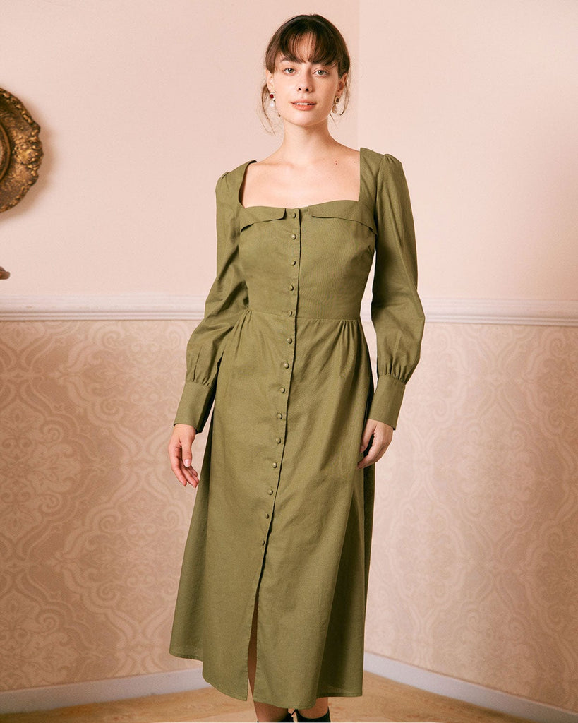 The Sweetheart Neck Button Midi Dress Green Dresses - RIHOAS