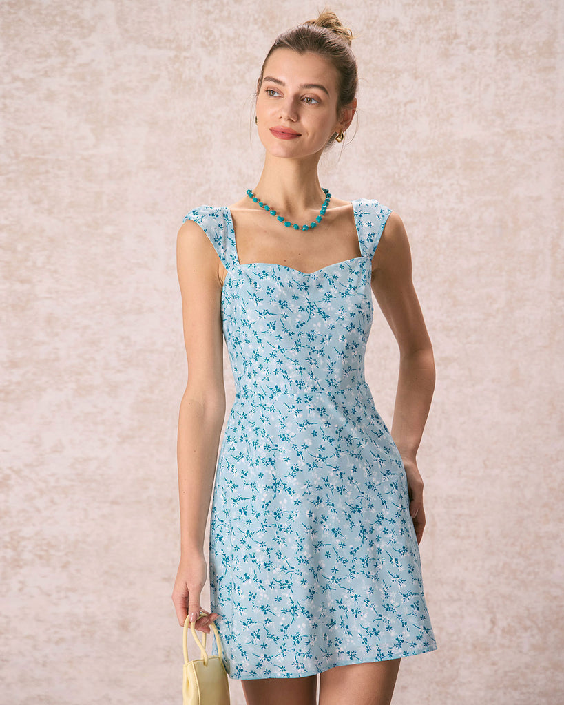 The Sweetheart Neck Floral Dress Blue Dresses - RIHOAS