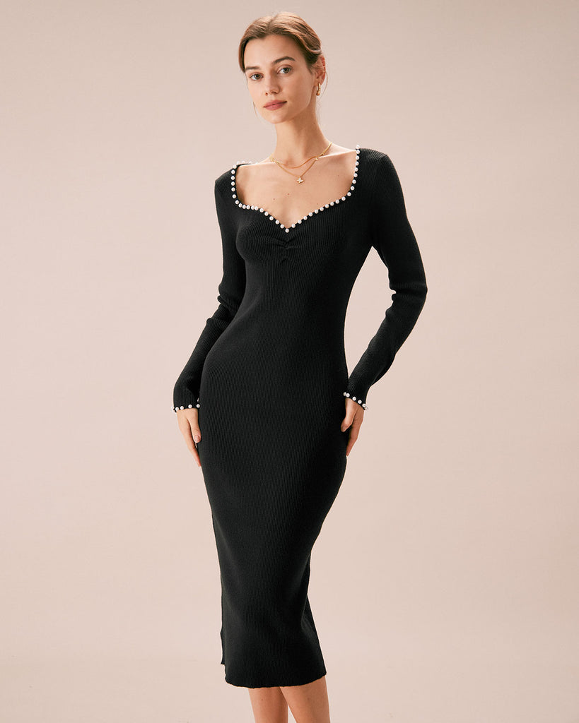 The Sweetheart Neck Pearl Trim Sweater Dress Black Dresses - RIHOAS