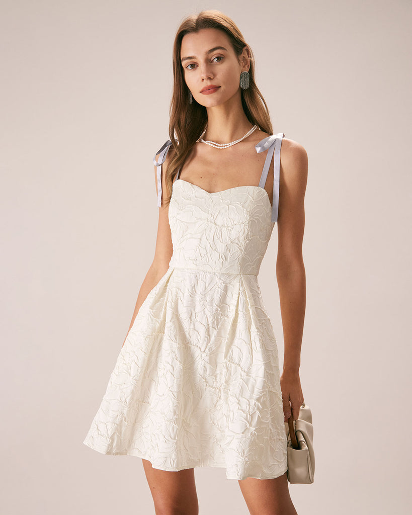 The Tie Strap Jacquard Mini Dress Off White Dresses - RIHOAS