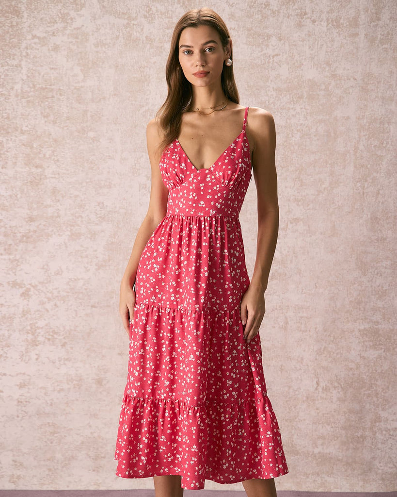 The V-Neck Floral Tiered Dress Rose Red Dresses - RIHOAS