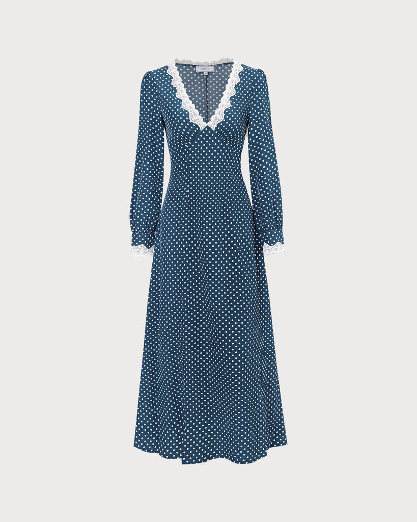 The V-Neck Polka Dot Lace Long Sleeve Dress Dresses - RIHOAS