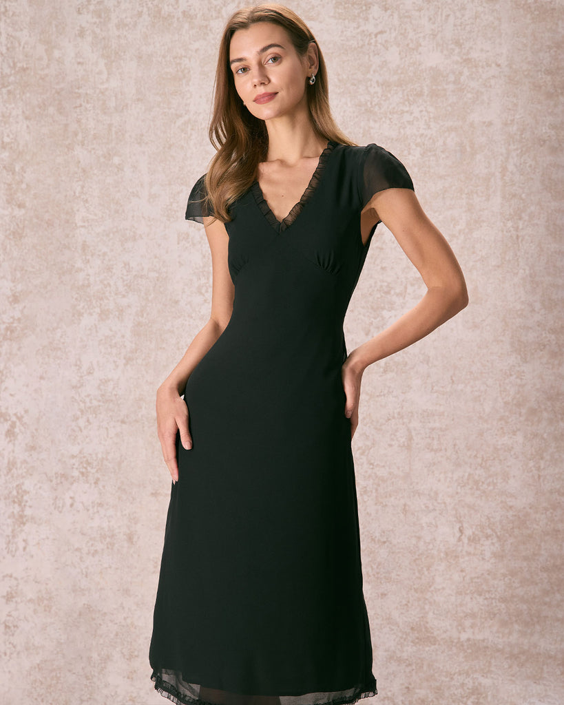The V-Neck Ruffle Midi Dress Black Dresses - RIHOAS