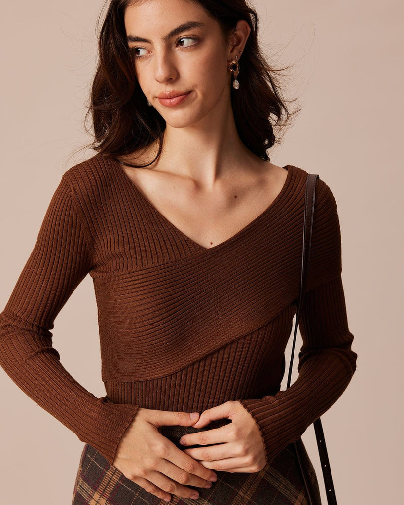 The V-Neck Wrap Front Knitted Top Coffee Tops - RIHOAS