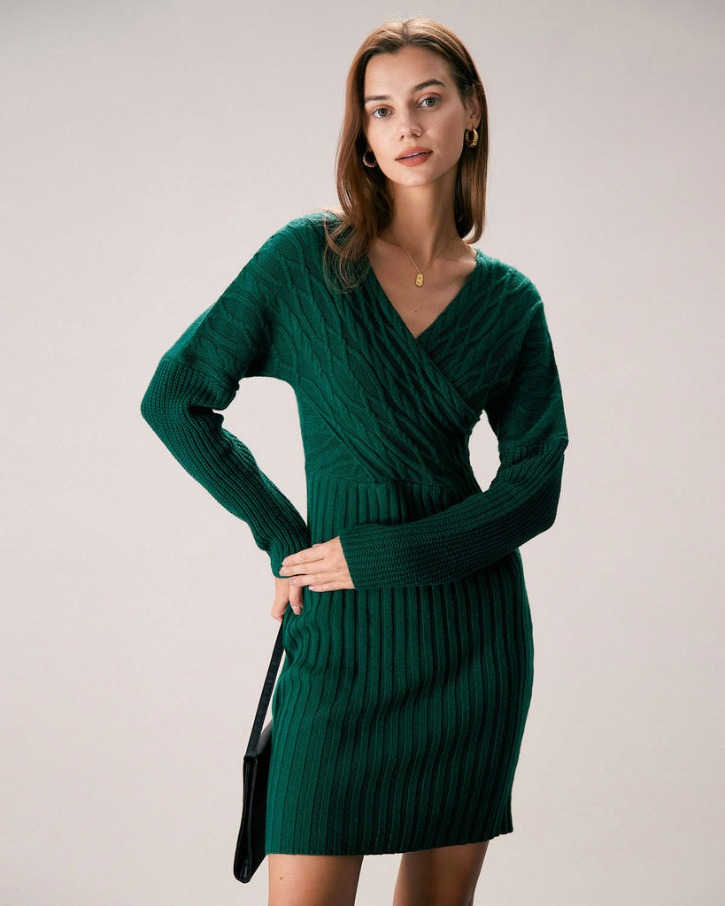 The V-Neck Wrap Sweater Dress Dresses - RIHOAS