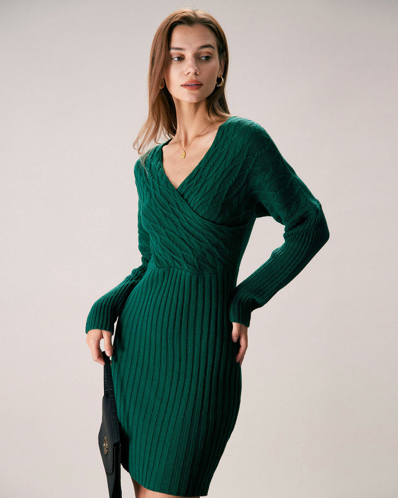 The V-Neck Wrap Sweater Dress Dresses - RIHOAS