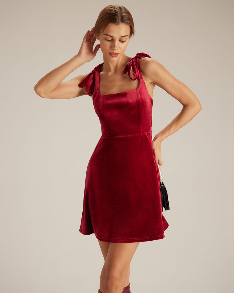 The Velvet Tie Shoulder Mini Dress Red Dresses - RIHOAS