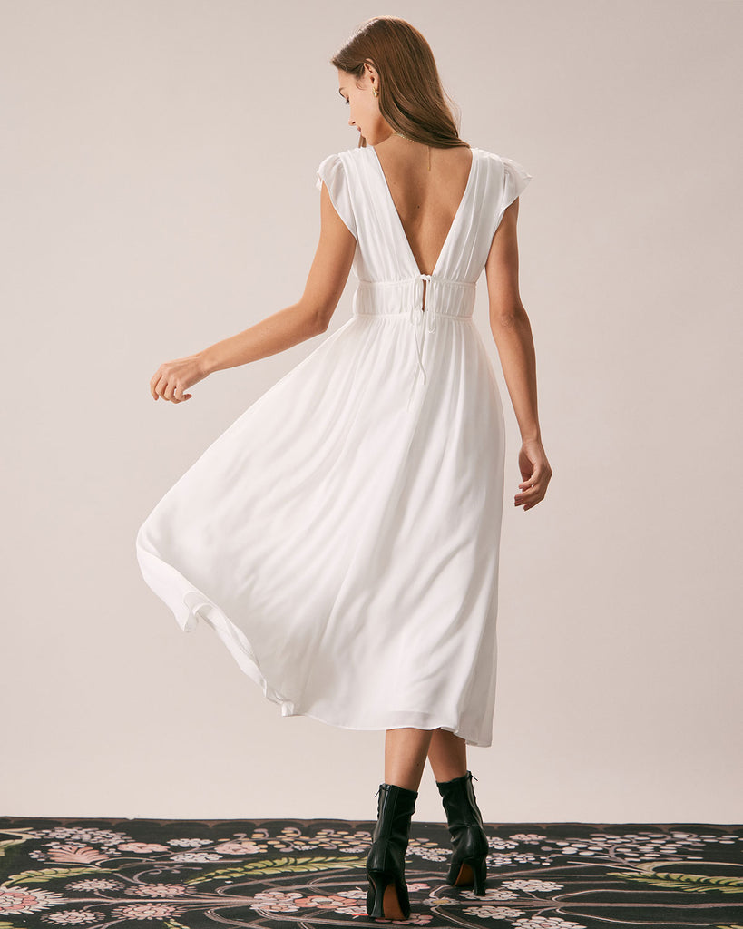 The White Deep V Neck Pleated Midi Dress Dresses - RIHOAS