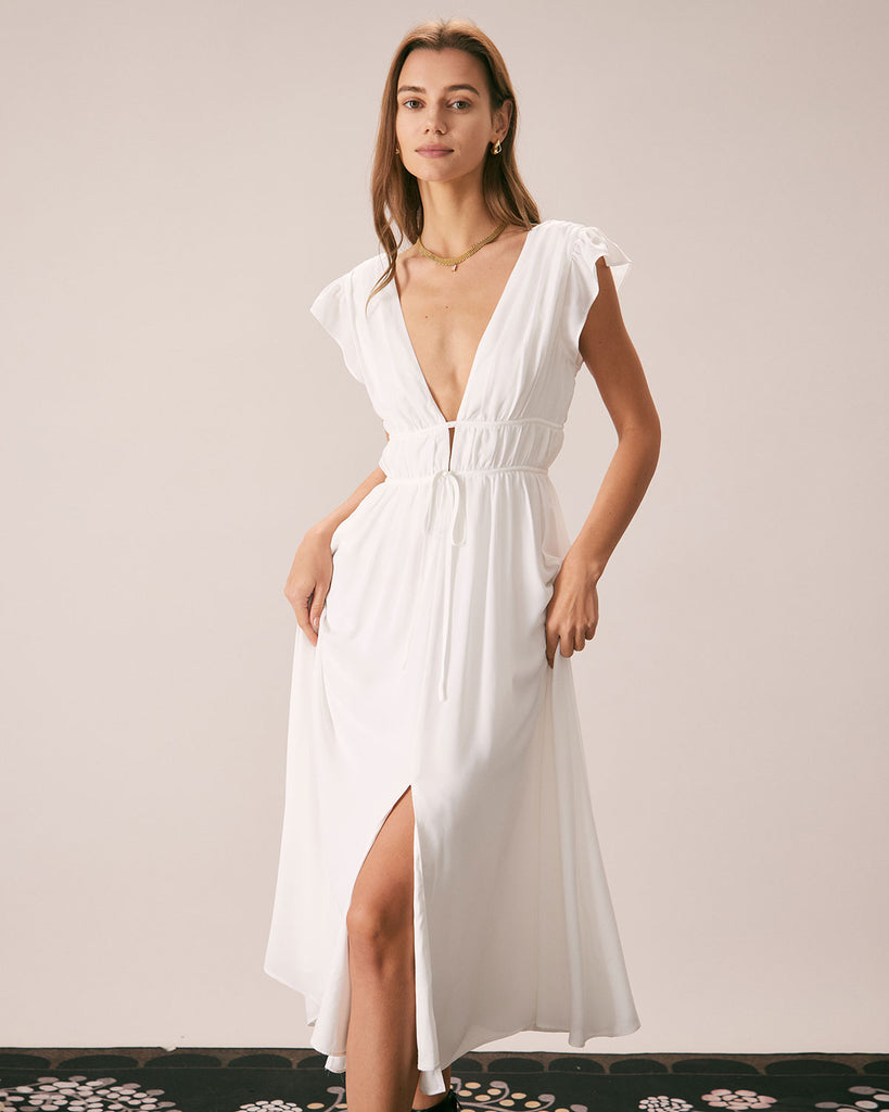 The White Deep V Neck Pleated Midi Dress White Dresses - RIHOAS