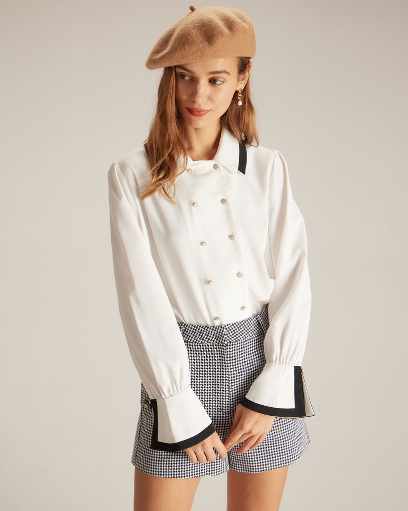 The White Double-breasted Colorblock Shirt White Tops - RIHOAS