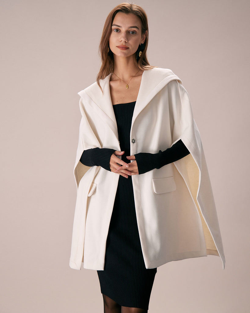The White Hooded Solid Cape Coat White Outerwear - RIHOAS