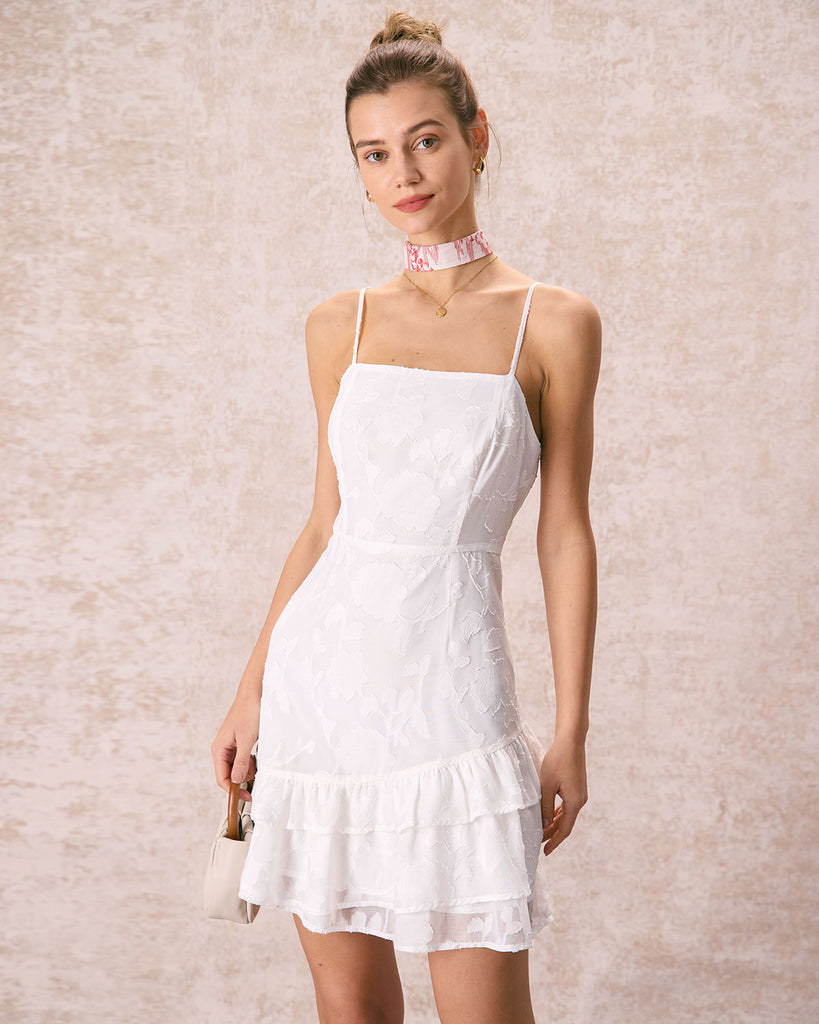 The White Jacquard Ruffle Mini Dress Dresses - RIHOAS