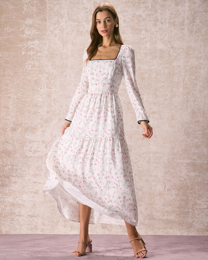 The White Square Neck Floral Maxi Dress White Dresses - RIHOAS