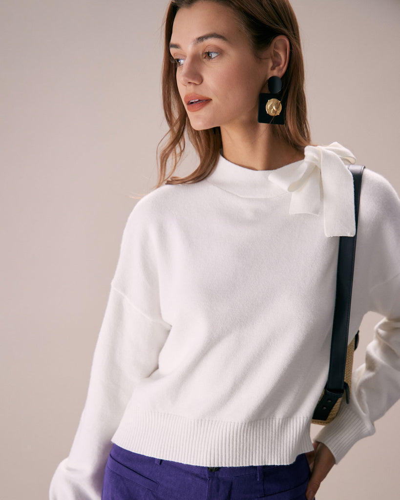 The White Tie Neck Solid Knit Top White Tops - RIHOAS