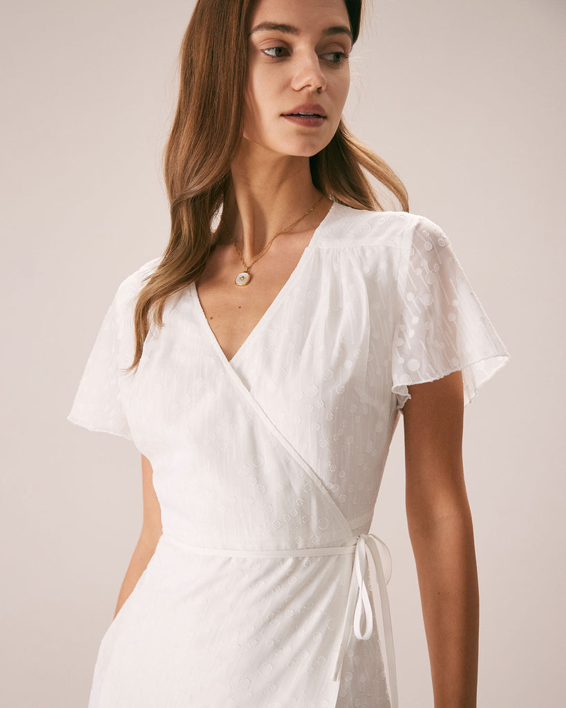 The White V Neck Dobby Mesh Midi Dress Dresses - RIHOAS