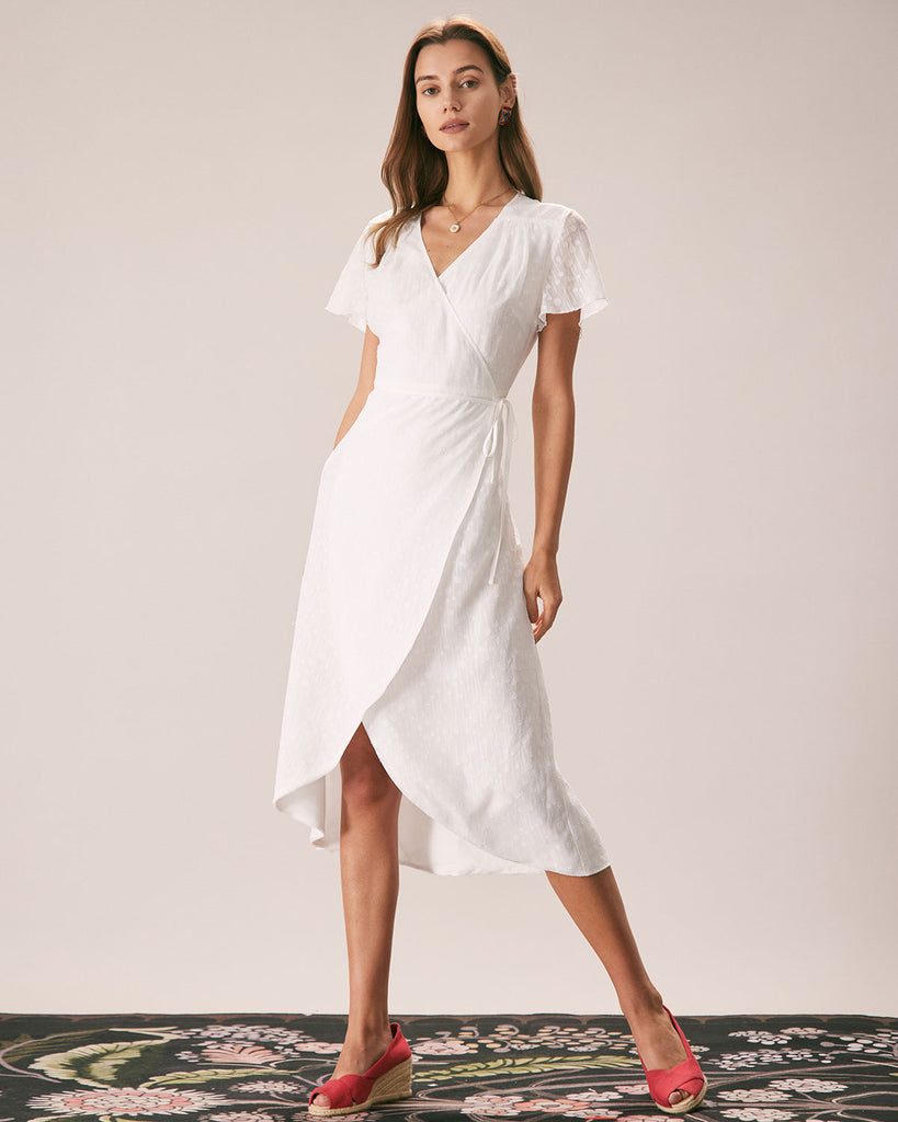 The White V Neck Dobby Mesh Midi Dress Dresses - RIHOAS