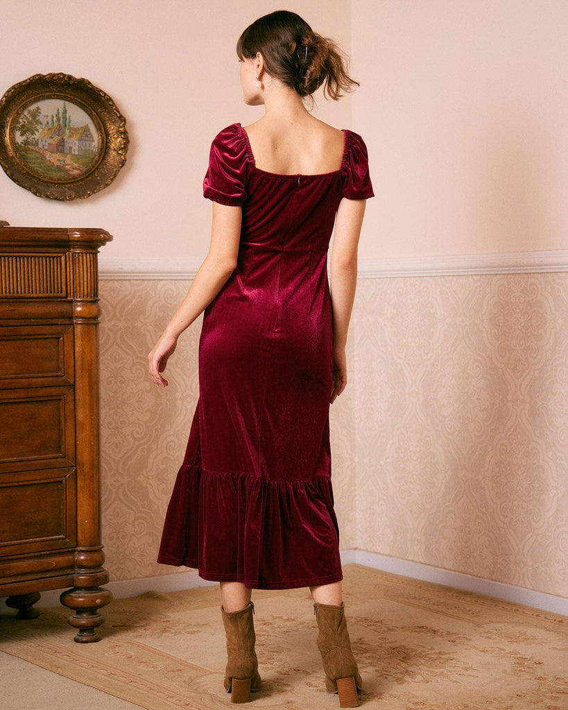 The Wine Red Ruched Velvet Maxi Dress Dresses - RIHOAS