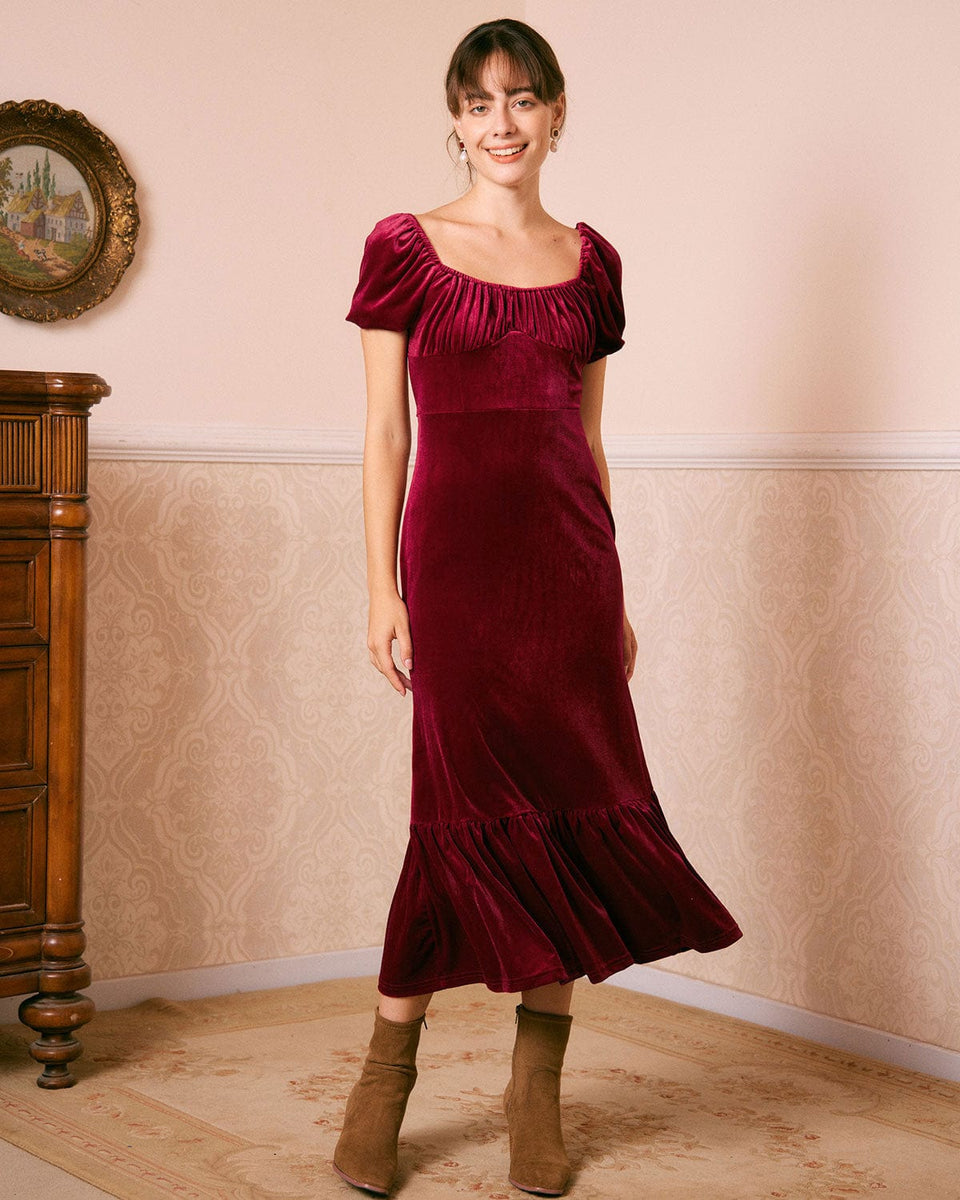 The Wine Red U Neck Ruched Velvet Maxi Dress & Reviews Wine Red