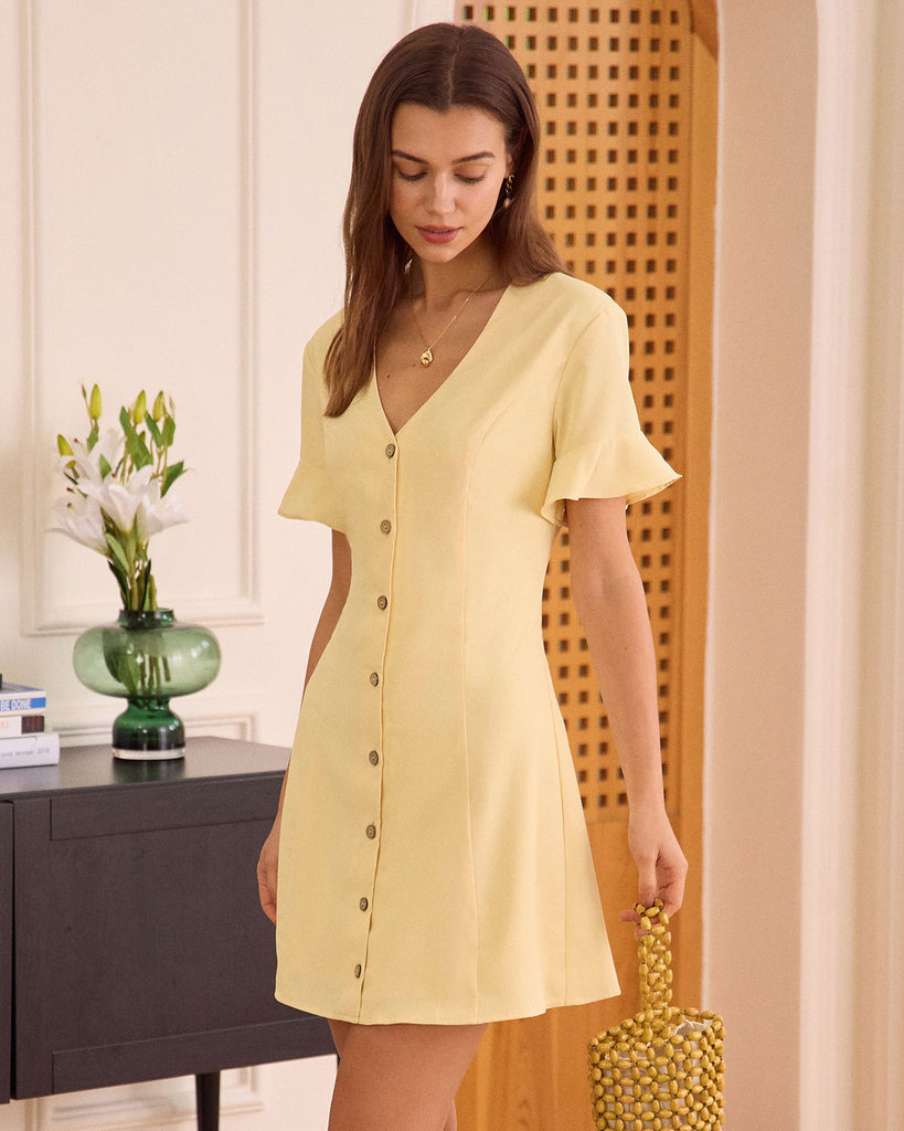 The Yellow V Neck Ruffle Mini Dress Dresses - RIHOAS