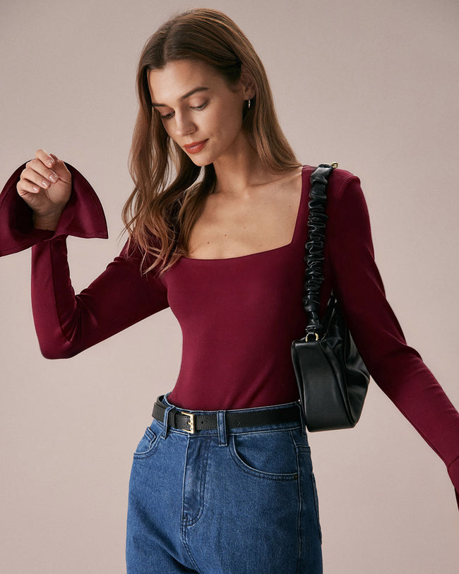 Women Knitted Acrylic Tees Wine Red Tops - RIHOAS