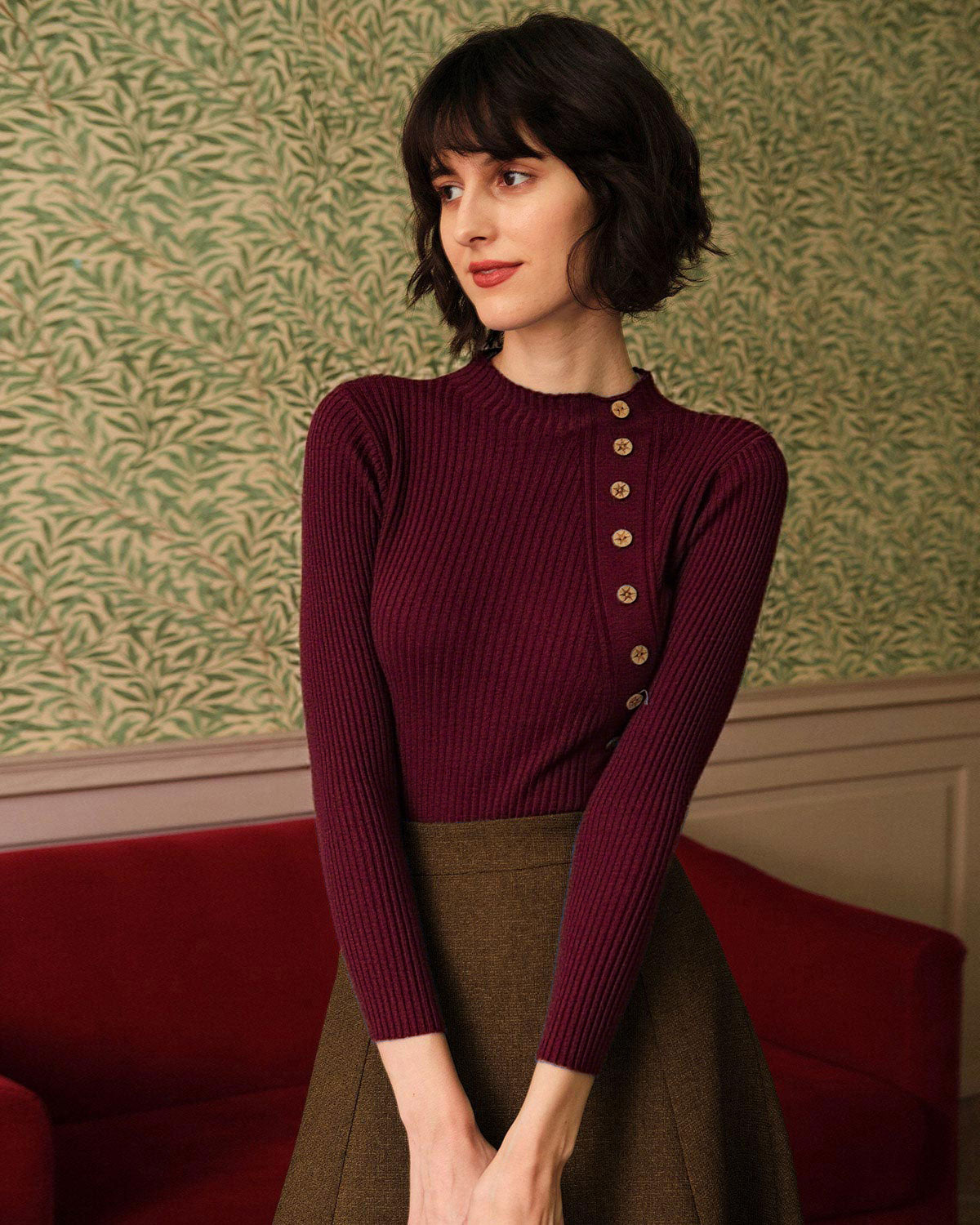 Women Knitted Polyester acrylic blended Sweaters Wine Red Tops - RIHOAS
