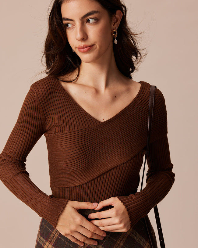 Women Knitted TENCEl Lyocell Sweaters Coffee Tops - RIHOAS