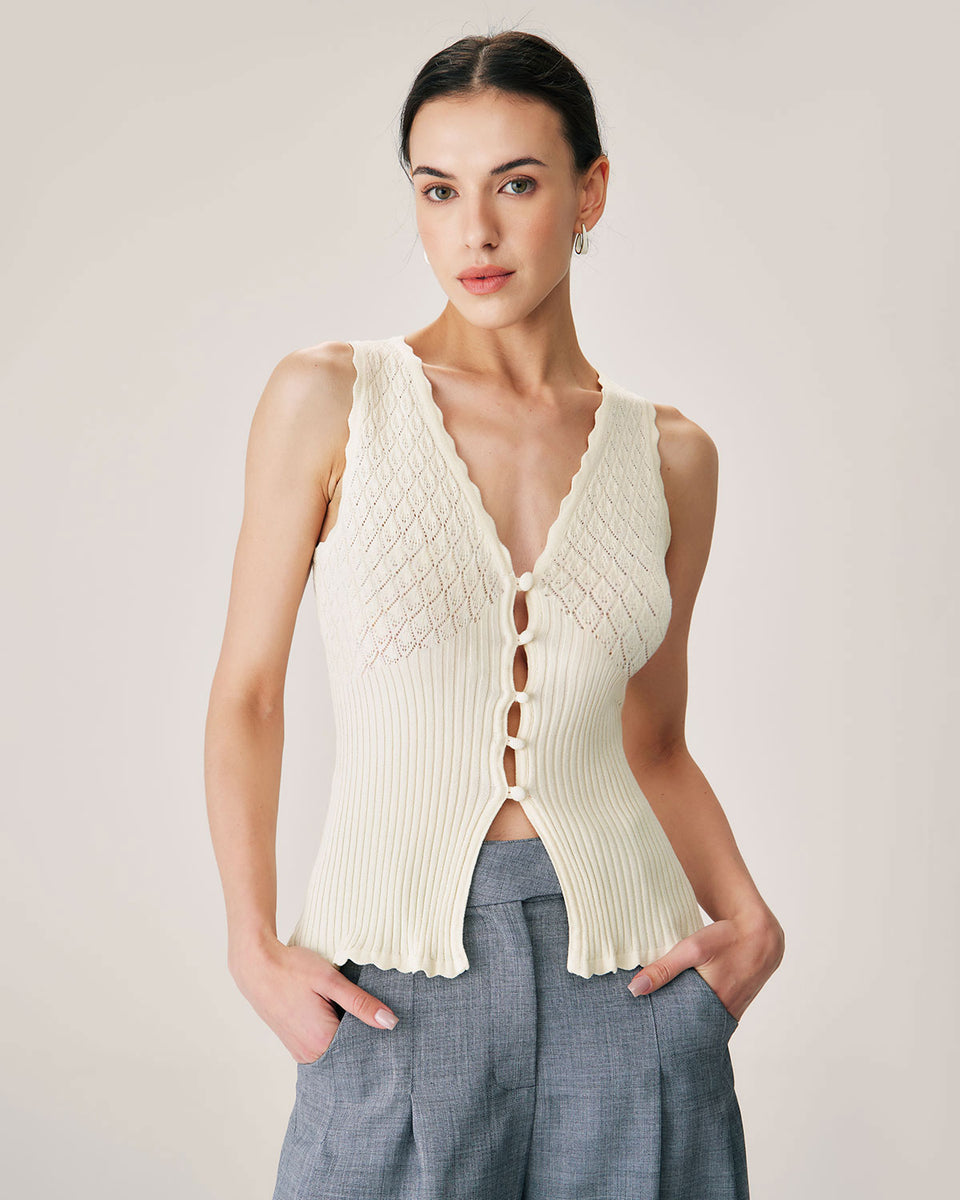 Beige V Neck Ribbed Knit Tank & Reviews - Beige - Tops | RIHOAS