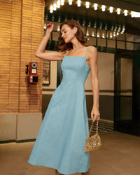 Women Woven Cotton Dresses Blue Dresses - RIHOAS