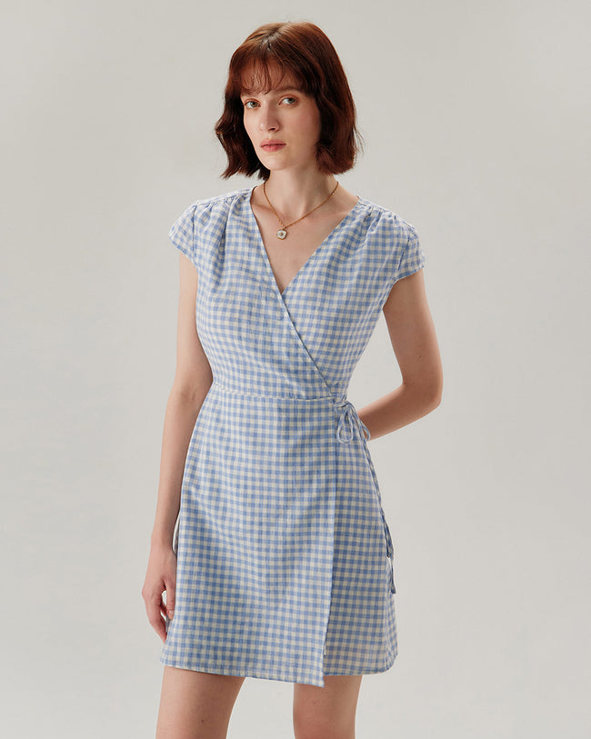 Blue Plaid Cap Sleeve Wrap Mini Dress - RIHOAS