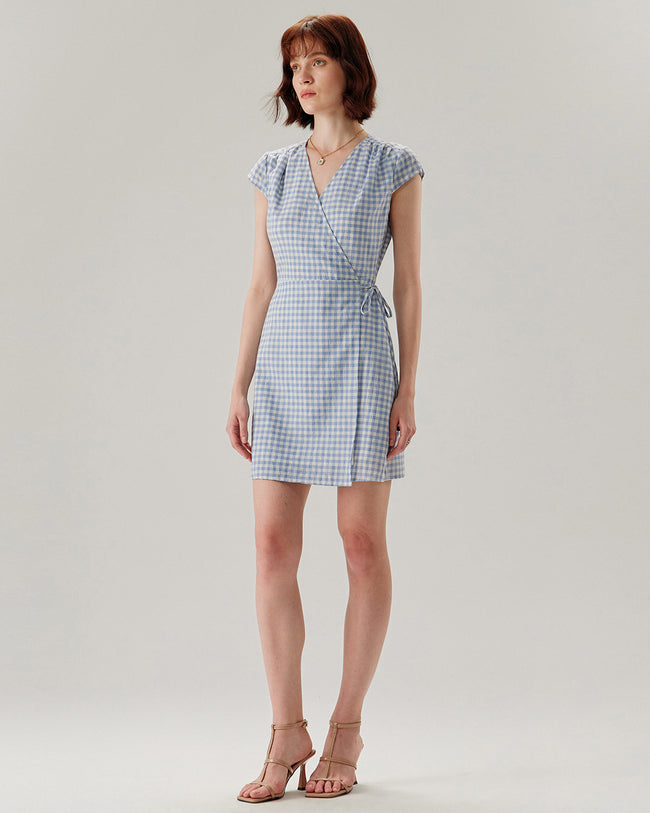 Blue Plaid Cap Sleeve Wrap Mini Dress - RIHOAS