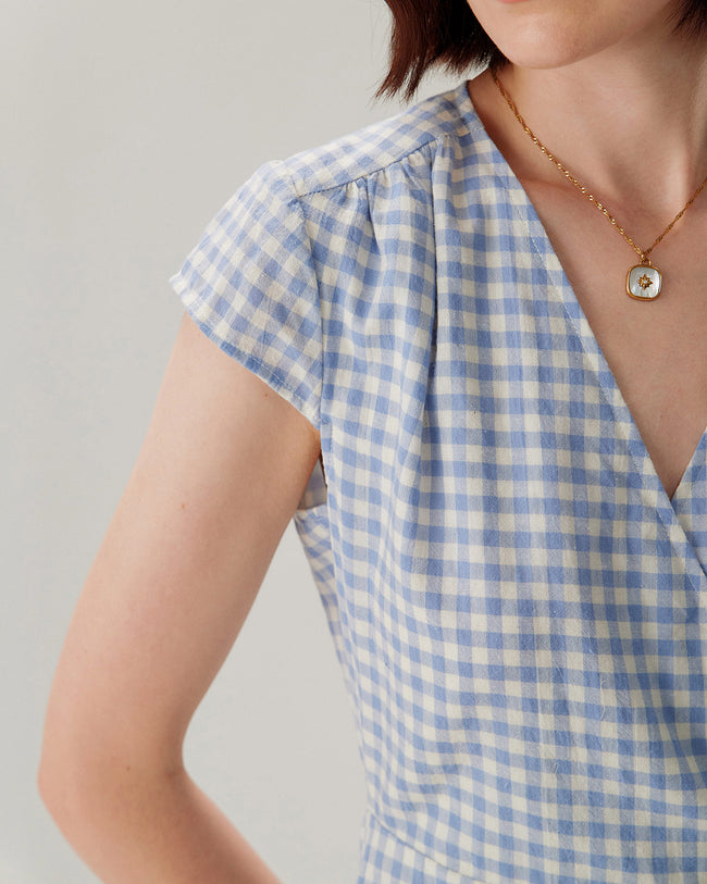 Blue Plaid Cap Sleeve Wrap Mini Dress - RIHOAS