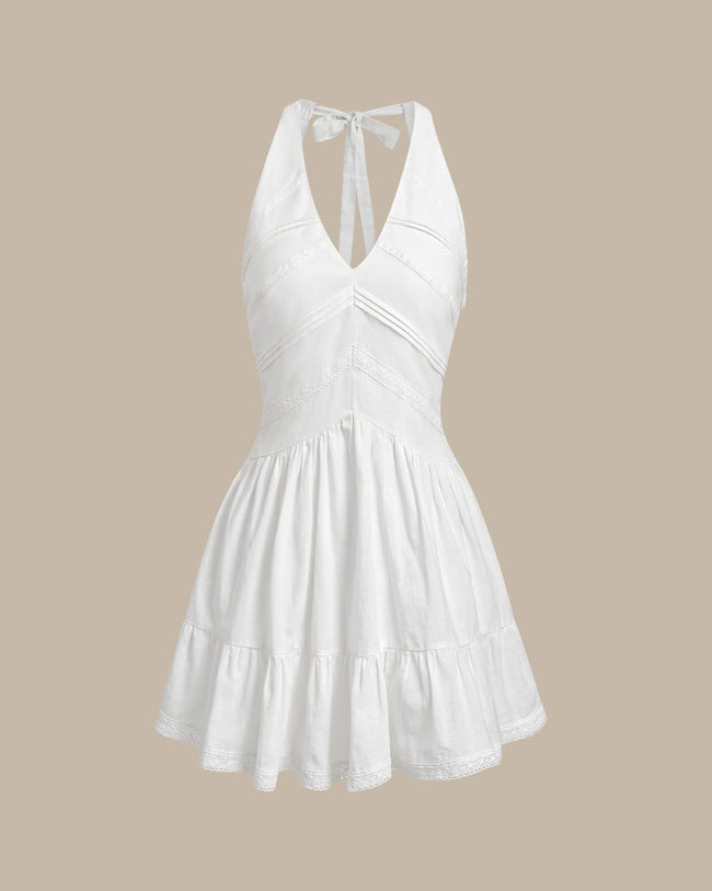 White V Neck Pleated Backless Mini Dress - RIHOAS