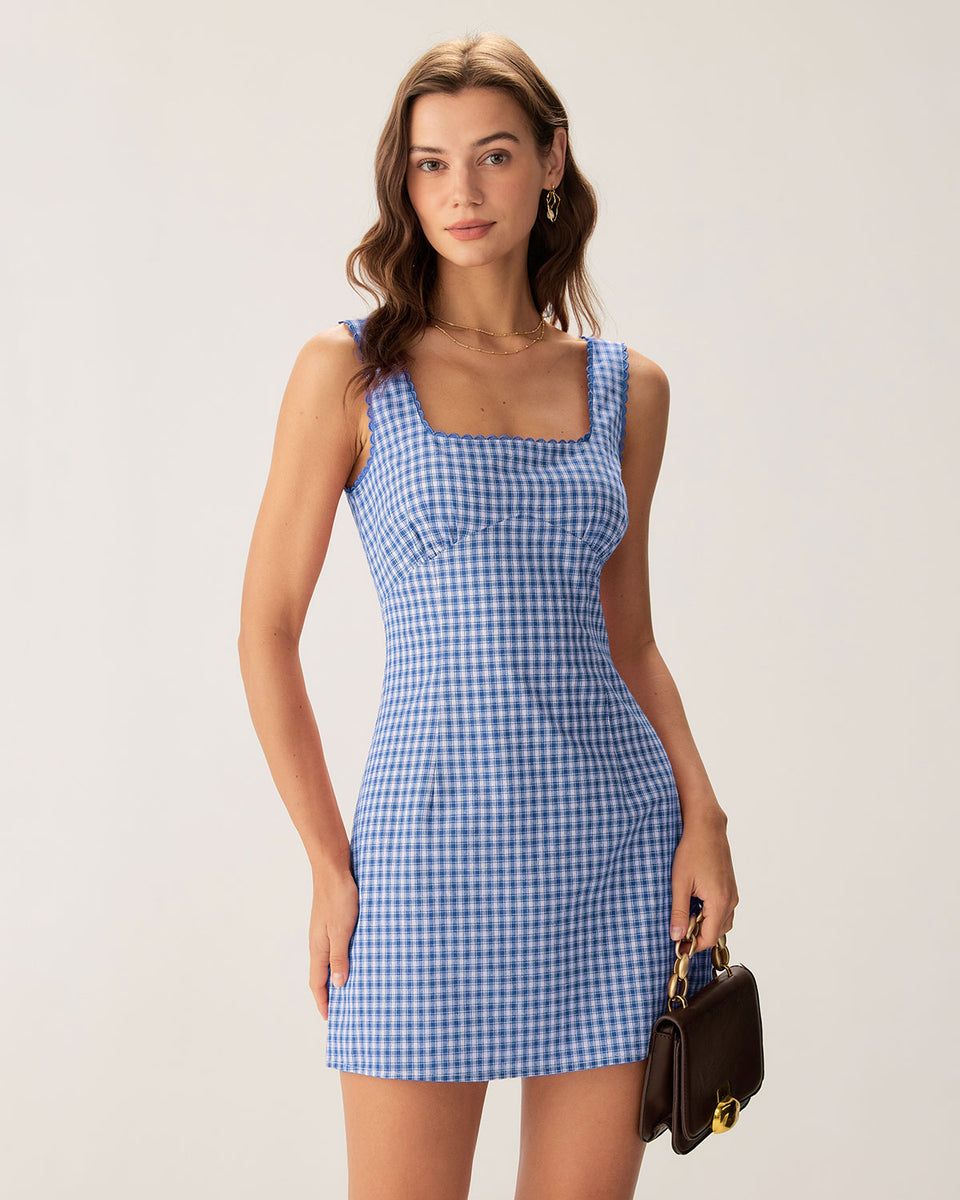 Blue Plaid Square Neck Slip Mini Dress & Reviews - Blue